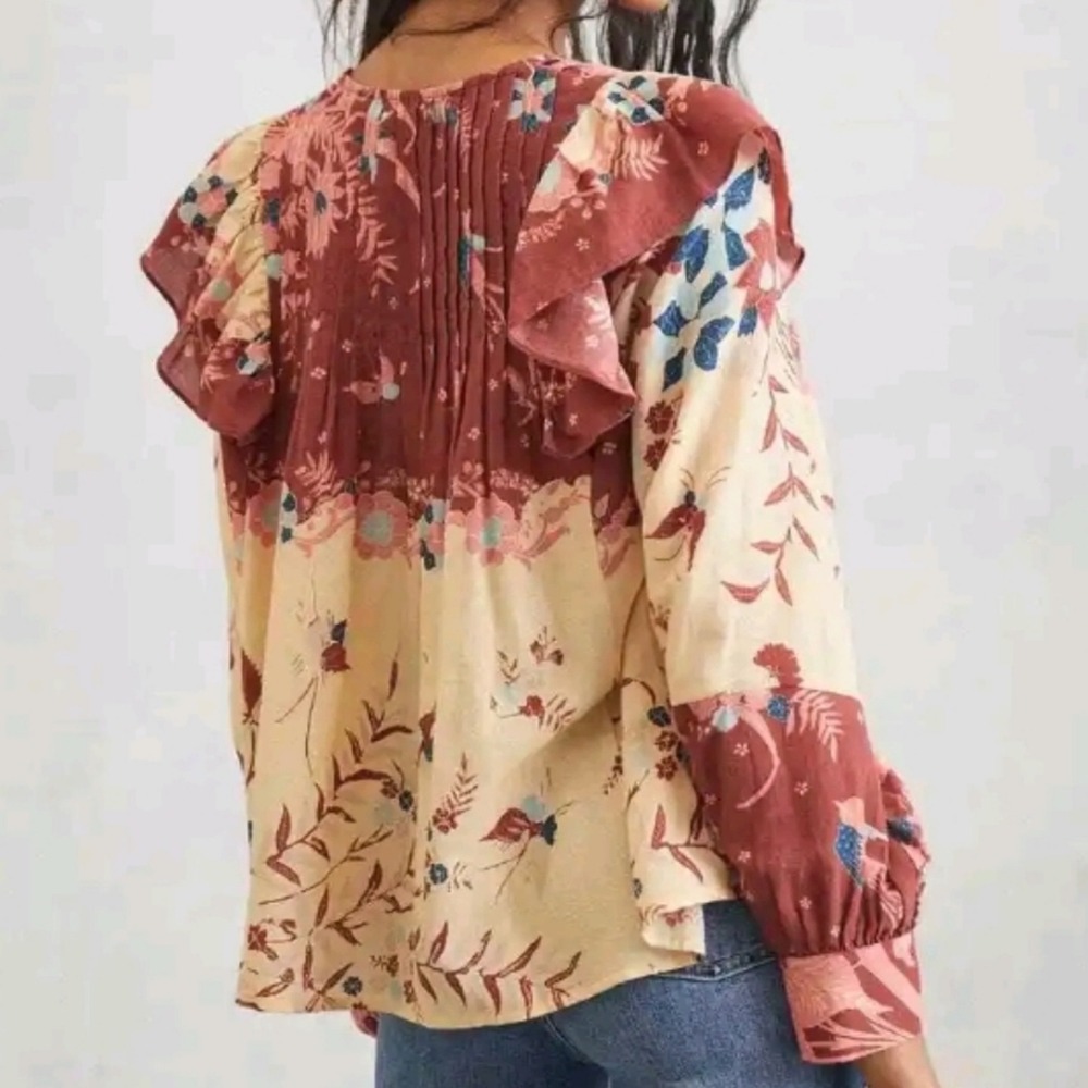 Othilia Blouse Red Cream Floral Ruffle Shoulder Pleated Boho Top Large